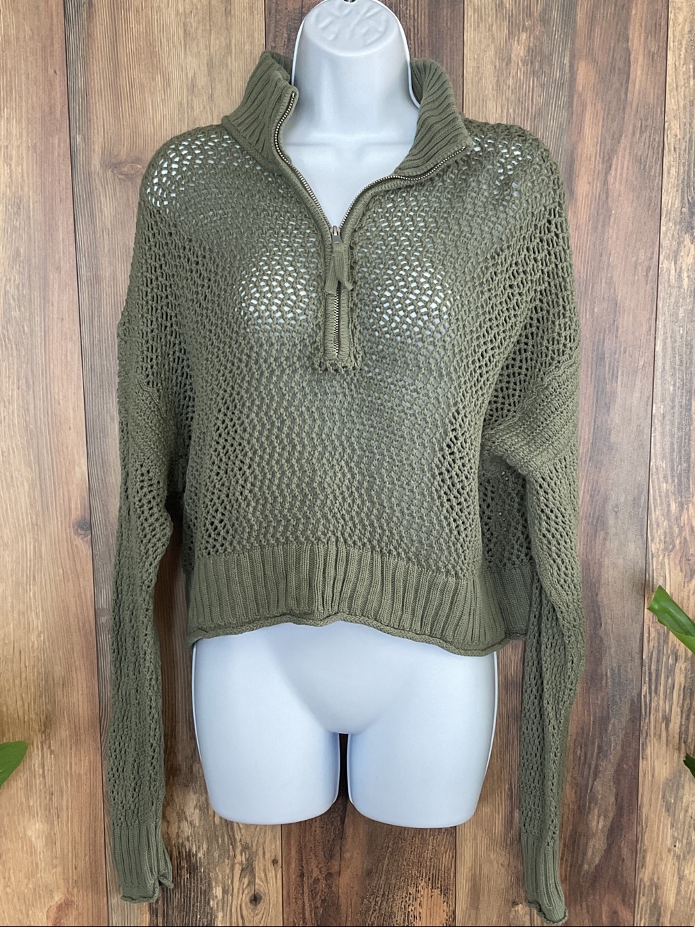 aerie Olive Open-Weave Half-Zip Turtleneck Crop Sweater XS C325